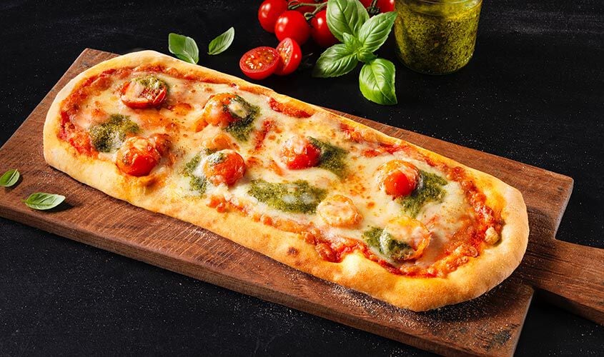 Pizze - Pizza alla Pala Pomodoro, Mozzarella e Pesto