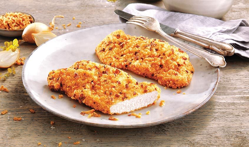 Panati / Preparati / Marinati - Escalopes de poulet pan&eacute;es aux oignons frits